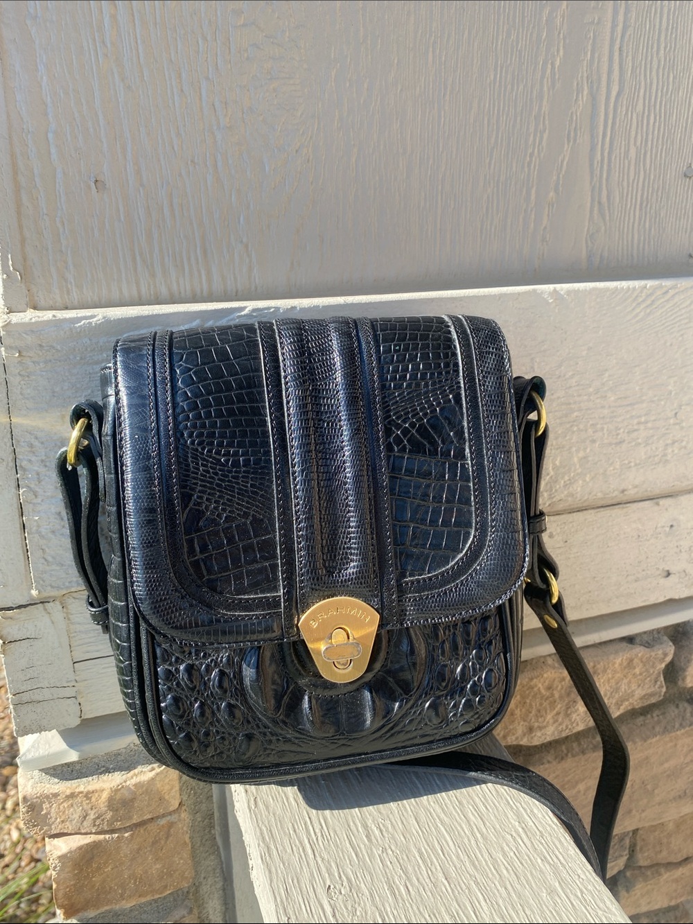 Brahmin Black Croc-Embossed Leather Crossbody Bag with Gold Hardware